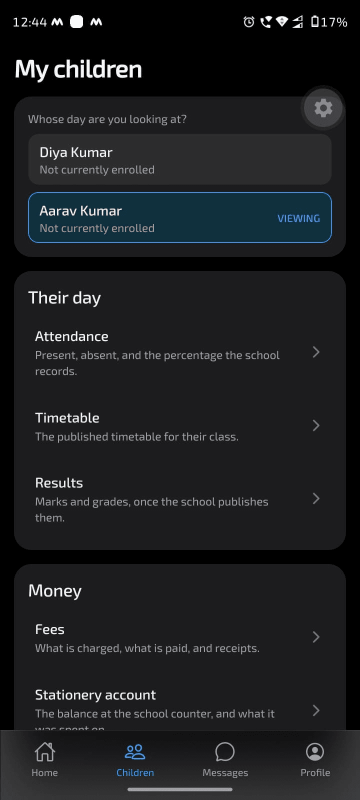 Aison Edu parent app: a child's day, with attendance, timetable, results, fees and stationery account