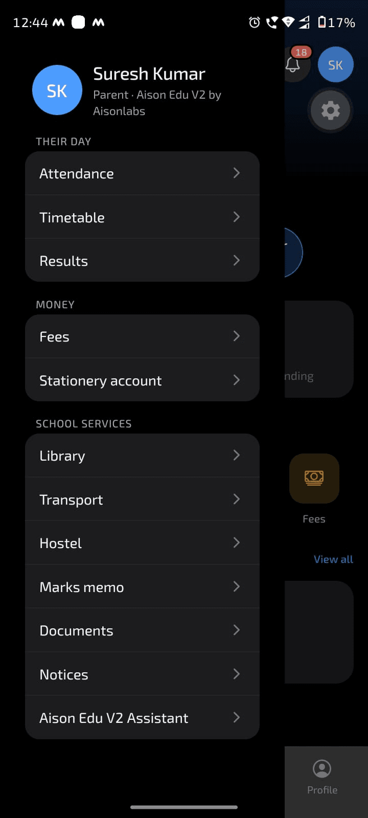 Aison Edu parent app menu: attendance, timetable, results, fees, library, transport, hostel, documents, notices and assistant