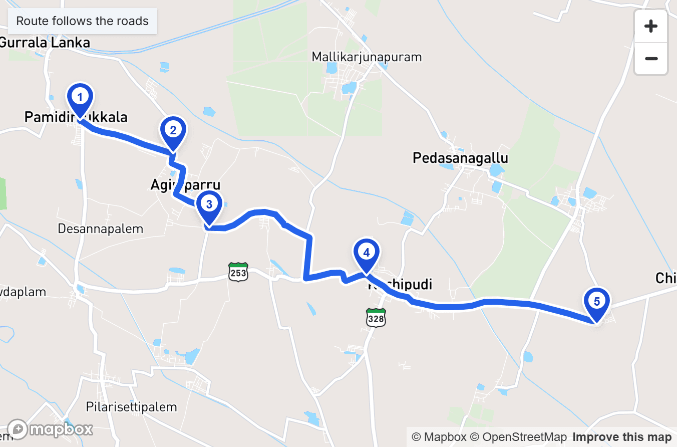 Aison Edu route map: five numbered stops joined by a line that follows the roads